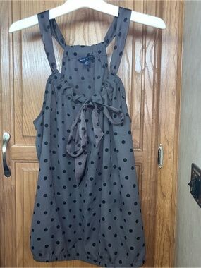 American Eagle Blouse Y2k Gray Preppy Coquette Polka Dot Tank Top Silky Bow Sz S